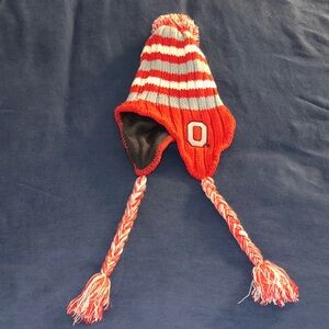 Red and White Striped Ohio State Knit Hat with Ear Flaps